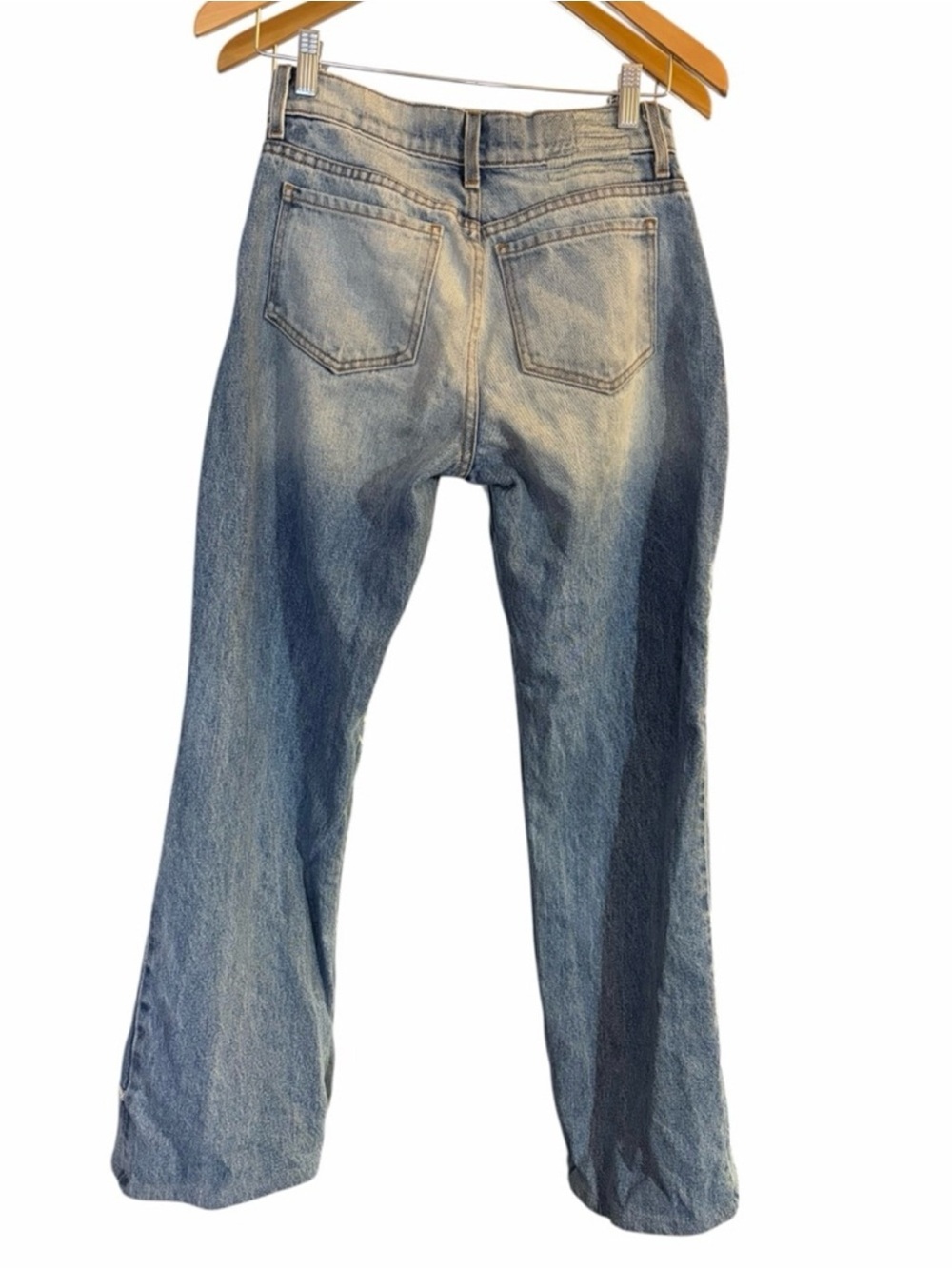 REVICE Patchwork Distressed Flare Jeans in Light Blue and Brown - Picture 7 of 8